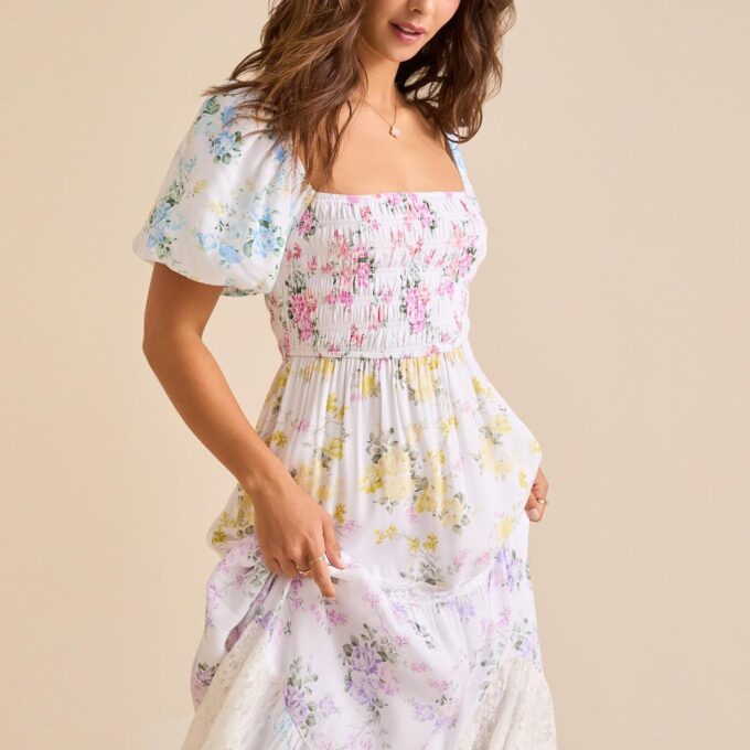 Women Patchwork Dress Y2k Floral Patchwork Maxi Dress Puffy Short Sleeve Square Neck Smocked Tiered Ruffle Sundress – Bild 5