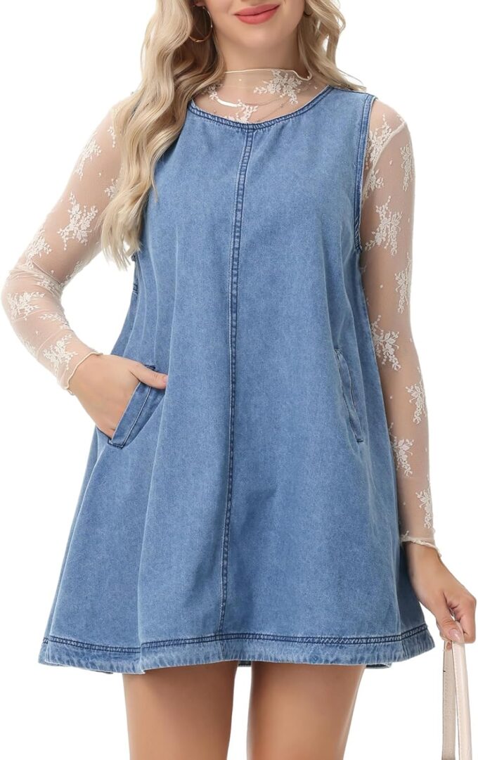 Women's Sleeveless Casual Denim Dress Crewneck Vintage Babydoll Jean Mini Dresses with Pockets – Bild 4