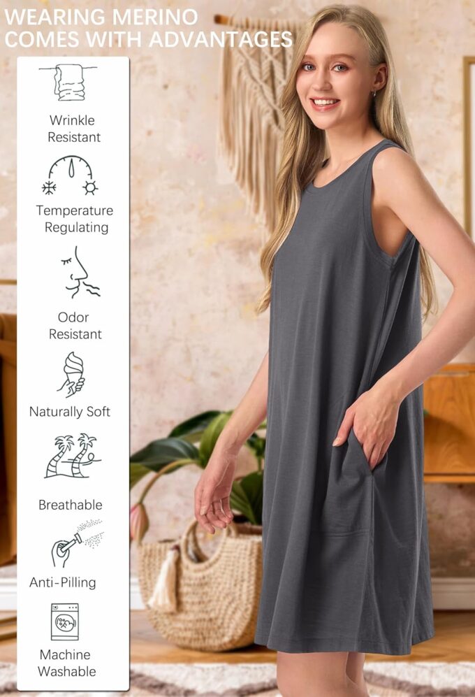 SIORO 100% Merino Wool Women's Sleeveless Dress Casual Solid Tank Dress for Women Knee-Length Summer Dresses with Pockets – Bild 2