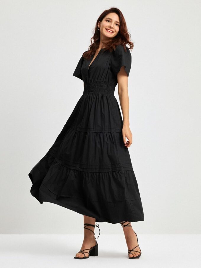 Women's Black Summer Dress Casual Long Maxi Short Sleeve Layered Cotton V Neck A Line Flowy Dresses for Women 2025 – Bild 5