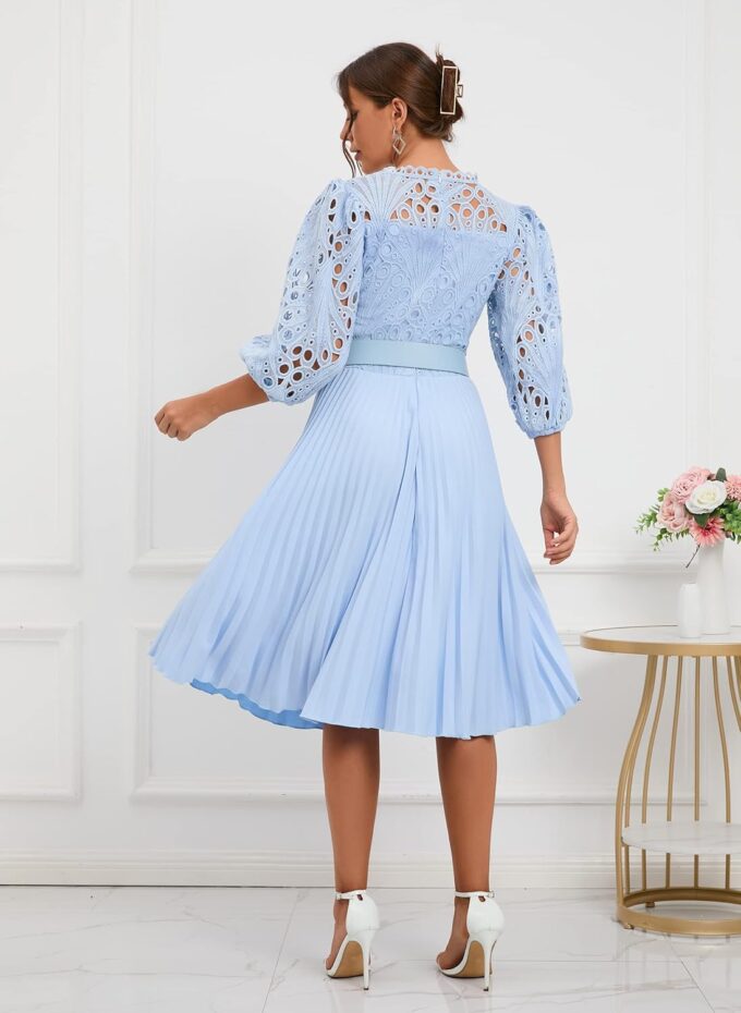 IWFEV Lace Pleated Dress Puff Sleeve Mid-Calf Short Sleeve Midi Dress Hollow Party Evening Dress – Bild 7