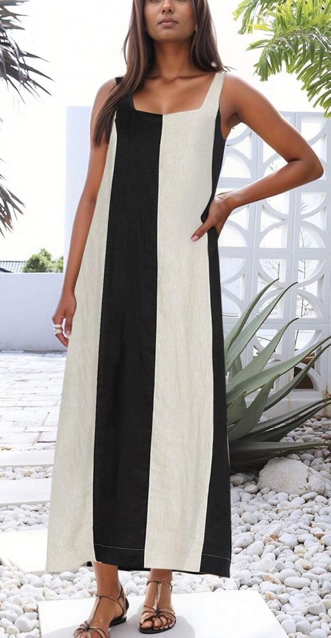 CHARTOU Women Summer Sleeveless Linen Dress Contrast Color Maxi Long Beach Vacation Tank Dress – Bild 3