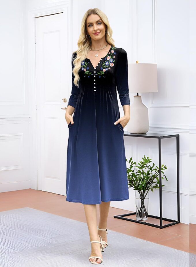 Soesdemo Womens Dresses 3/4 Sleeve V Neck Pleated Button Down Casual Flowy Midi Vacation Sundresses with Pockets – Bild 4