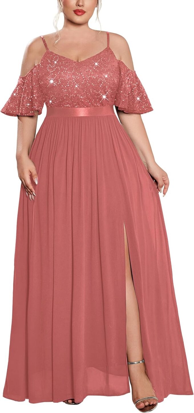 MISSMAY Women's Plus Size Sequins Lace Off Shoulder Short Sleeves Slit Formal Wedding Guest Chiffon Long Dress