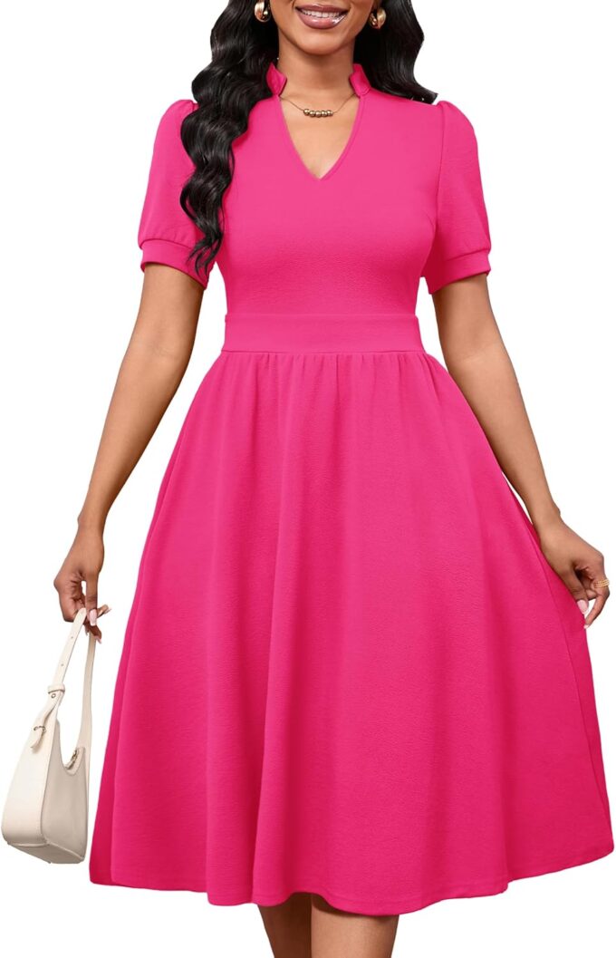 Women Dresses Short Sleeve Semi-Formal Knee Length V Neck Casual Ladies Dress