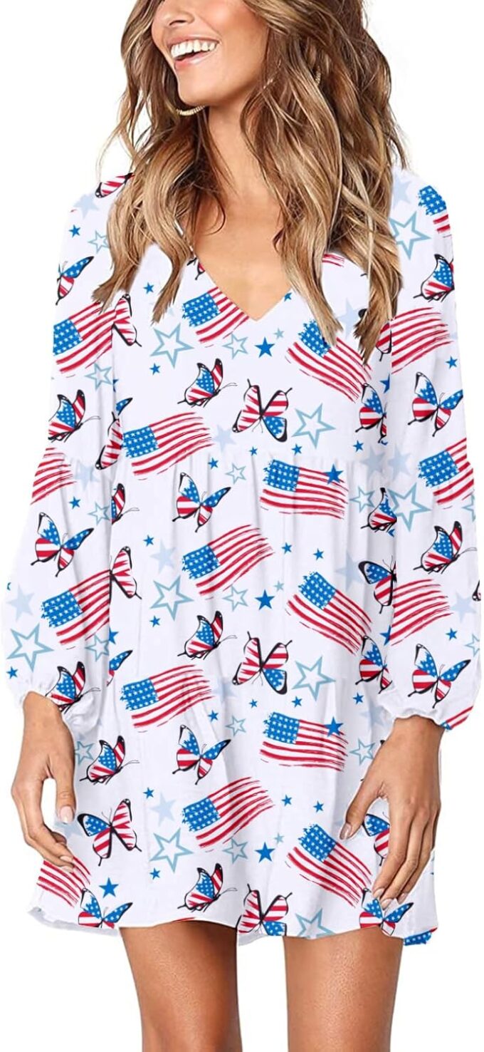 Women's Bell Sleeve V Neck Cute Style Holiday Patriotic American Flag Red White Blue Party Dress