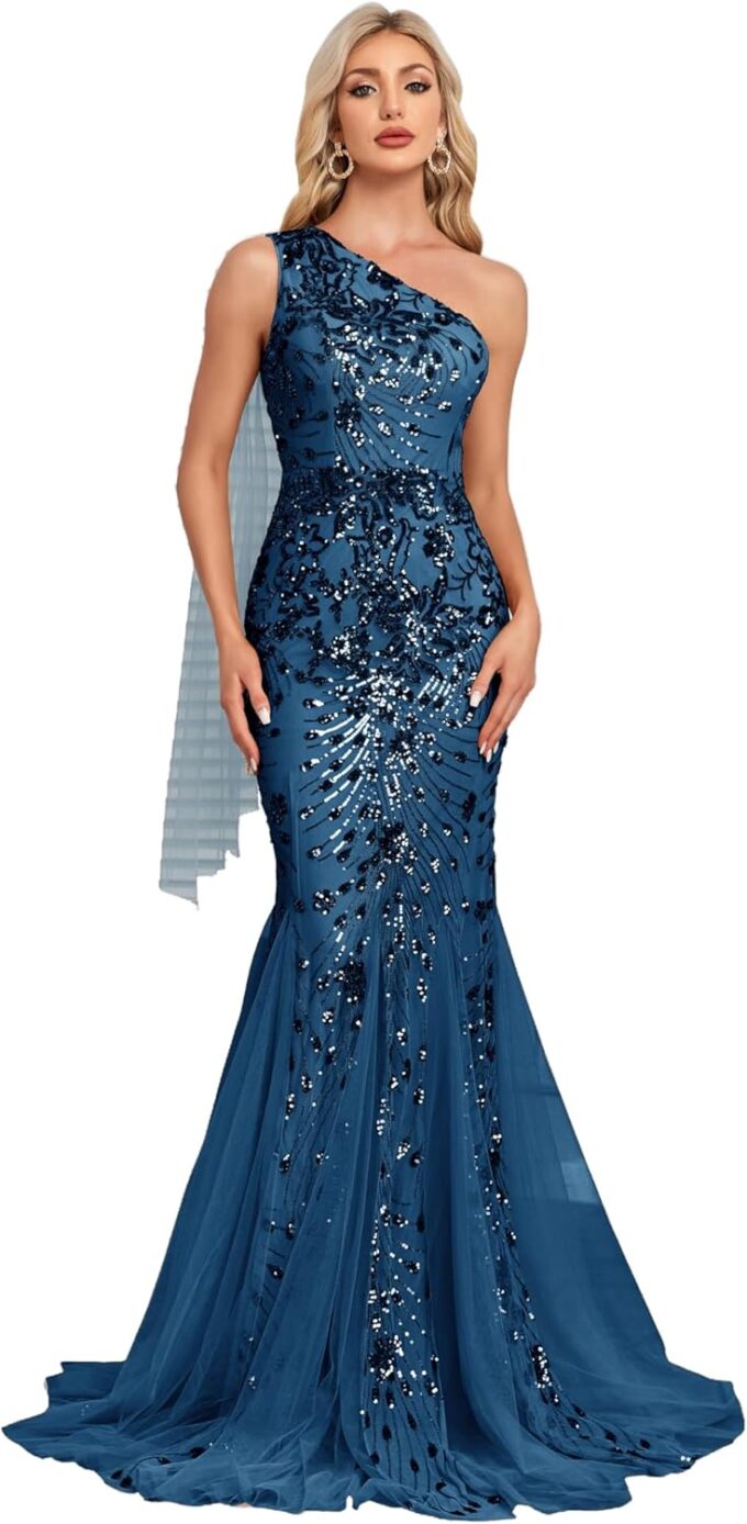 One Shoulder Glitter Mermaid Dress for Mother of The Bride Women's Sexy Sequin Formal Gown