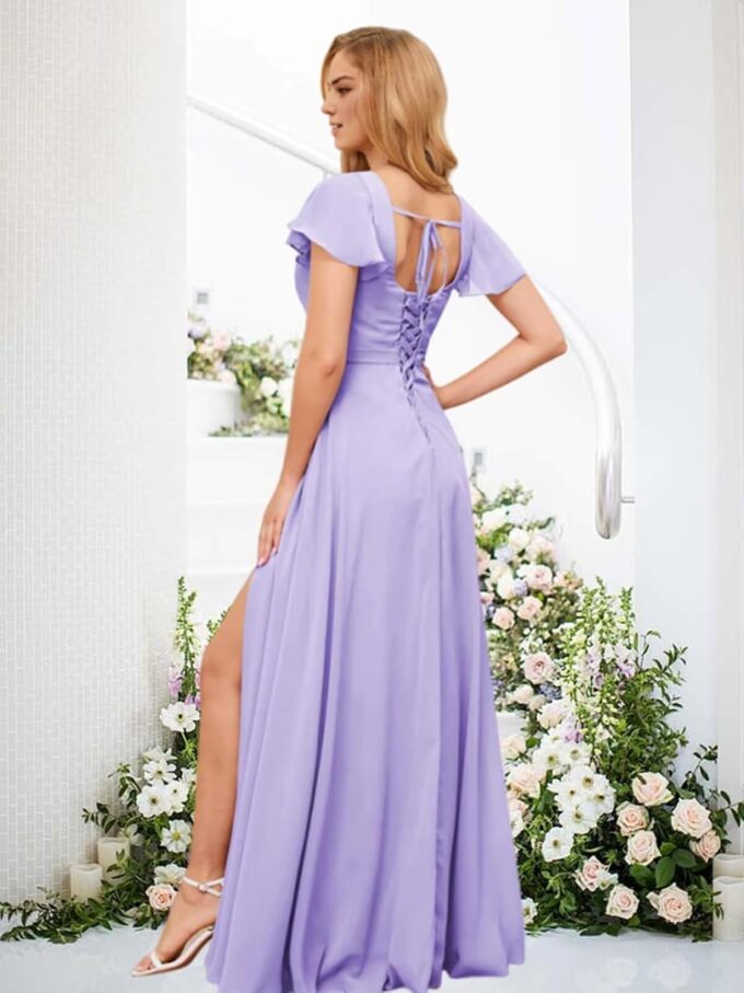 Square Neck Bridesmaid Dresses for Women Chiffon Flutter Sleeves Evening Formal Dress with Slit – Bild 2