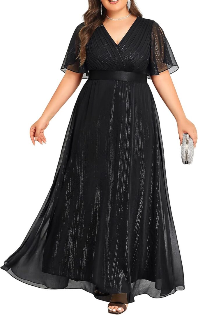 Plus Size Formal Dress - Chiffon V Neck Bridesmaid Wedding Guest Party Short Sleeve A-Line Floor Length Dresses