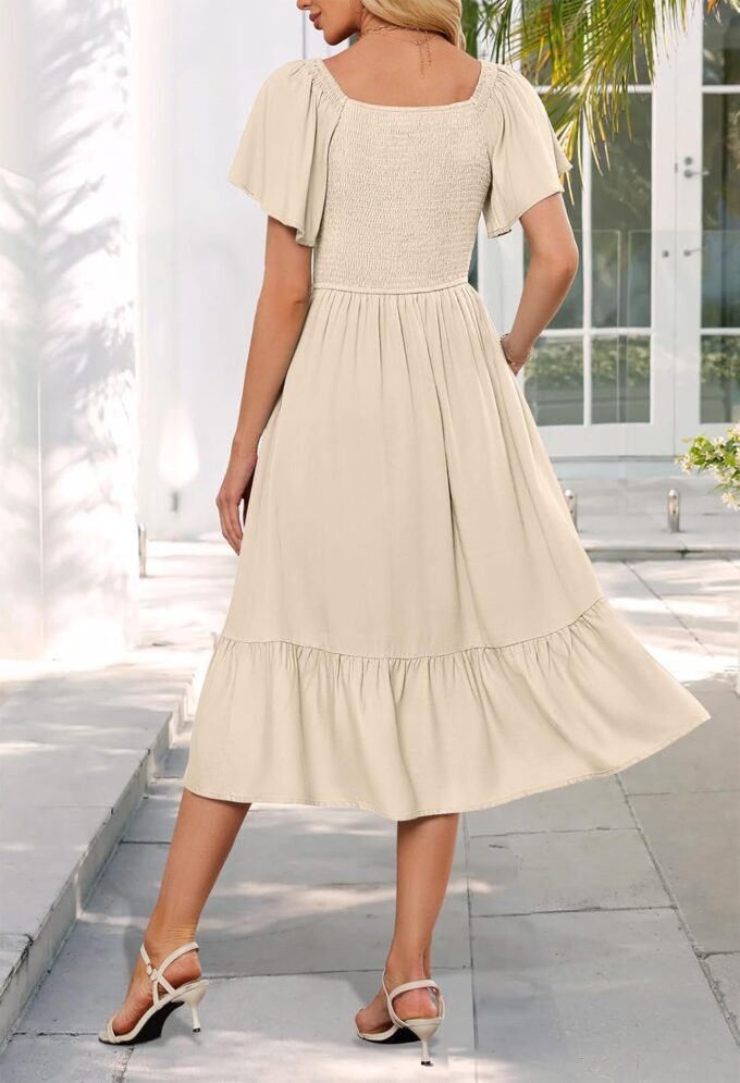 MEROKEETY Women's Summer Casual V Neck Ruffle Sleeve Smocked High Waist Midi Dress with Pockets – Bild 4