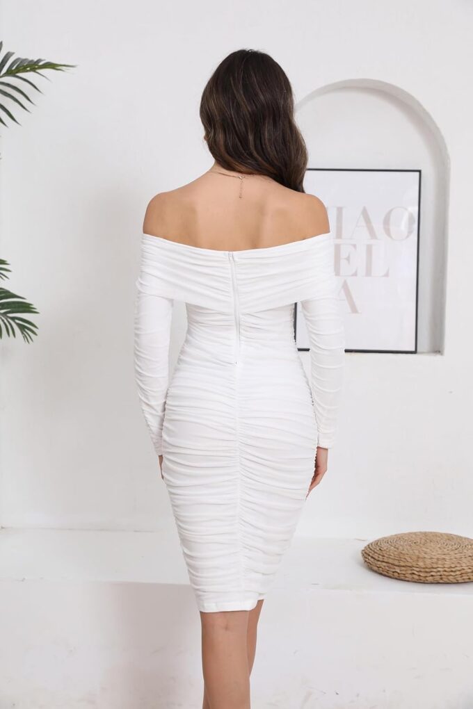 Womens Sexy Off Shoulder Long Sleeve Bodycon Dress Ruched Semi Formal Wedding Guest Prom Dress – Bild 4