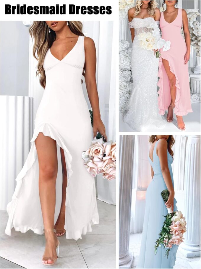 Women's Sexy V Neck Mesh Ruffles Hem High Slit Bodycon Maxi Dress for Women Formal Cocktail Wedding Guest Dresses – Bild 5
