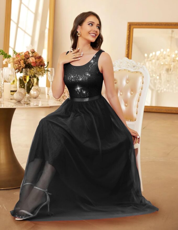 BeryLove Sequin Dress for Woman Vintage A Line Wedding Formal Swing Mesh Dress Sleeveless Cocktail Maxi Gowns – Bild 5