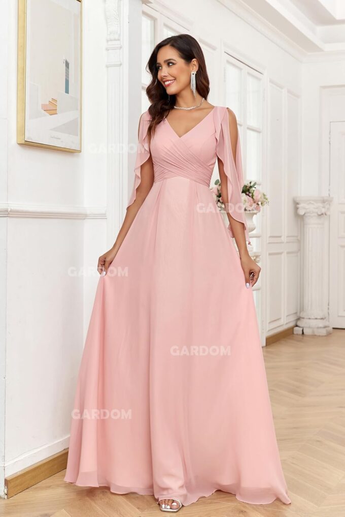 GARDOM Ruffle Sleeve Chiffon Bridesmaid Dresses for Women Cold Shoulder Formal Dress for Wedding 2025 V Neck Evening Gowns – Bild 5