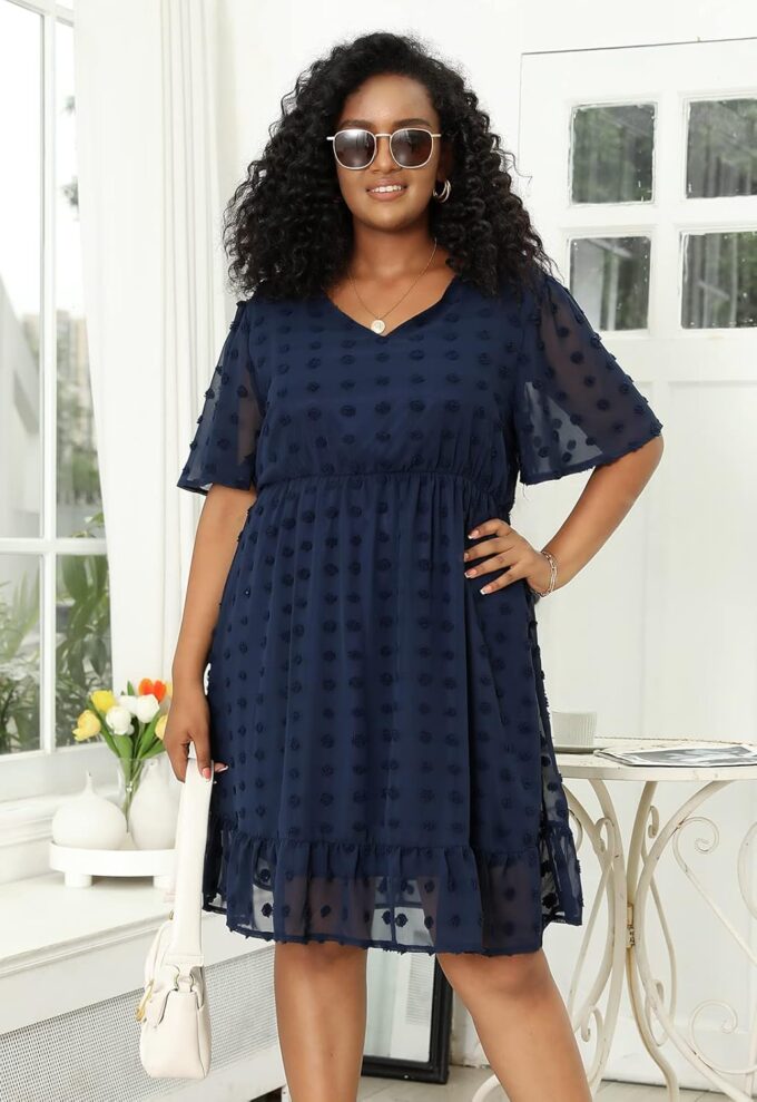 Keluummi Plus Size Wedding Guest Midi Dresses for Curvy Women, Summer Swiss Dot Dress – Bild 2