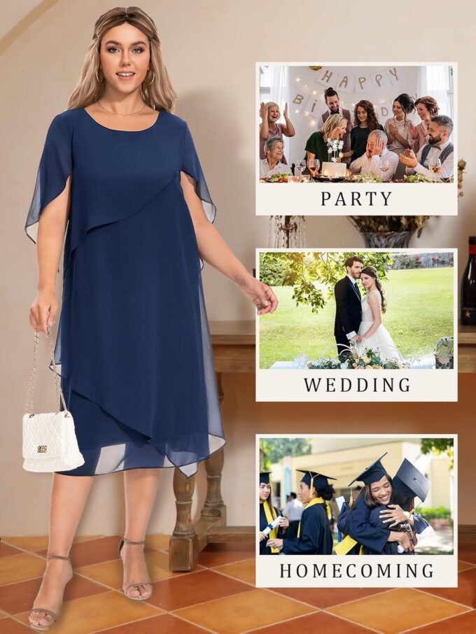 Women Plus Size Cape Dress with Chiffon Overlay Elegant Wedding Guest Cocktail Party Dress – Bild 4