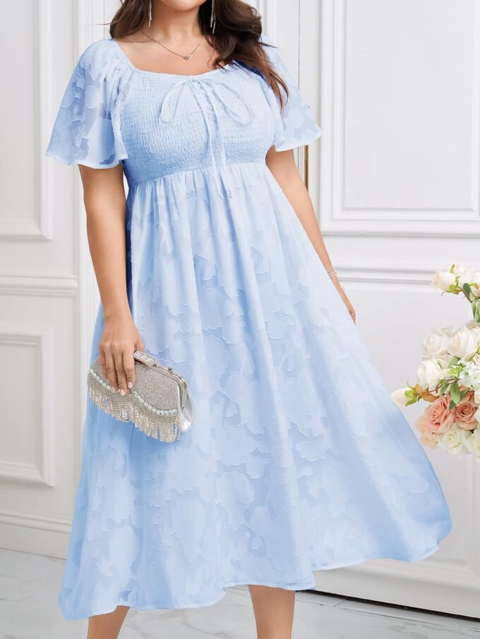 SCOMCHIC Women's Plus Size Formal Dresses Square Neck Short Sleeve Lace Floral Smocked Flowy Long Maxi Wedding Guest Dress – Bild 2