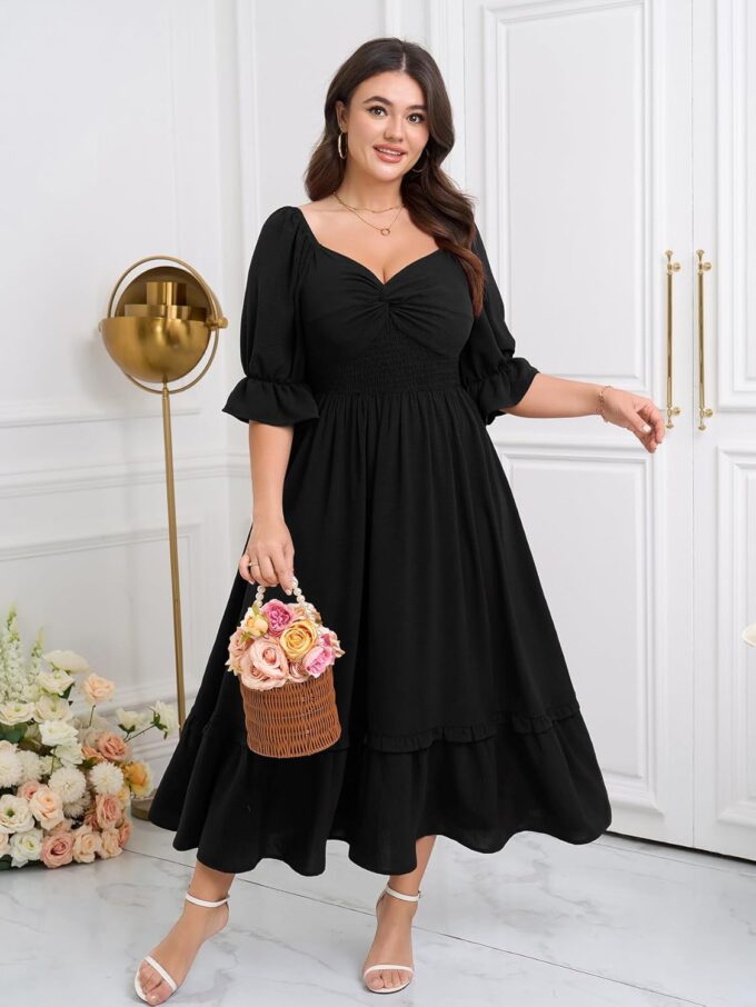 SCOMCHIC Women Plus Size Maxi Dresses Sweetheart Knot Front Puff Short Sleeve Wedding Guest Smocked Ruffle Flowy Dress – Bild 6