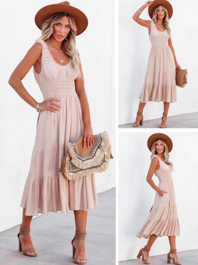 AlvaQ Women Summer Dresses Sleeveless Smocked Midi Dress High Waist Casual Tiered A Line Sundress with Pockets – Bild 6