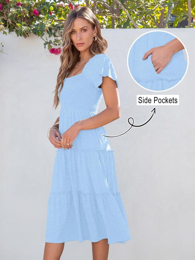 ANRABESS Women Summer Casual Square Neck Flutter Sleeve Boho Smocked A-Line Flowy Tiered Modest Midi Sun Dress with Pockets – Bild 5
