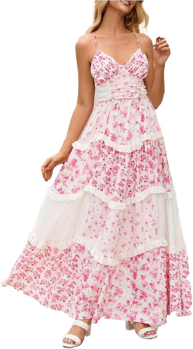 Women Floral Patchwork Maxi Dress V Neck Sleeveless Cross Back Spaghetti Strap Tiered Sundress Summer Long Dress