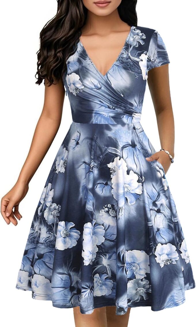 oxiuly Women's Vintage Dot V-Neck Cap Sleeve Casual Pockets Swing Tea Dress OX296
