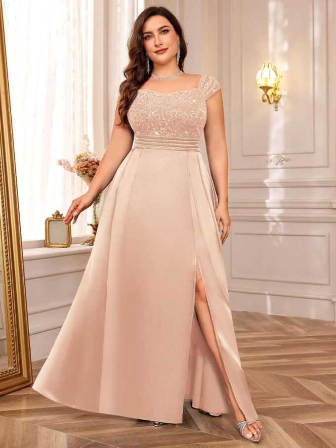 MISSMAY Women's Plus Size Sequin Lace Off Shoulder Satin Slit Formal Evening Party Maxi Dress – Bild 4