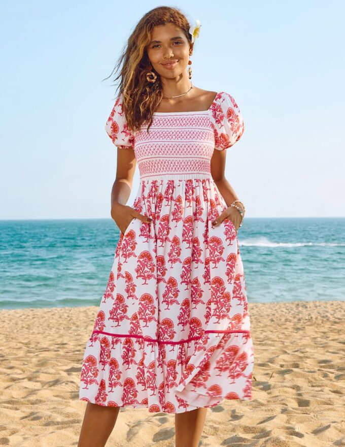 Kate Kasin Women's Summer Floral Boho Dresses Casual Square Neck Smocked Flowy Tiered Beach Midi Dress with Pockets – Bild 3