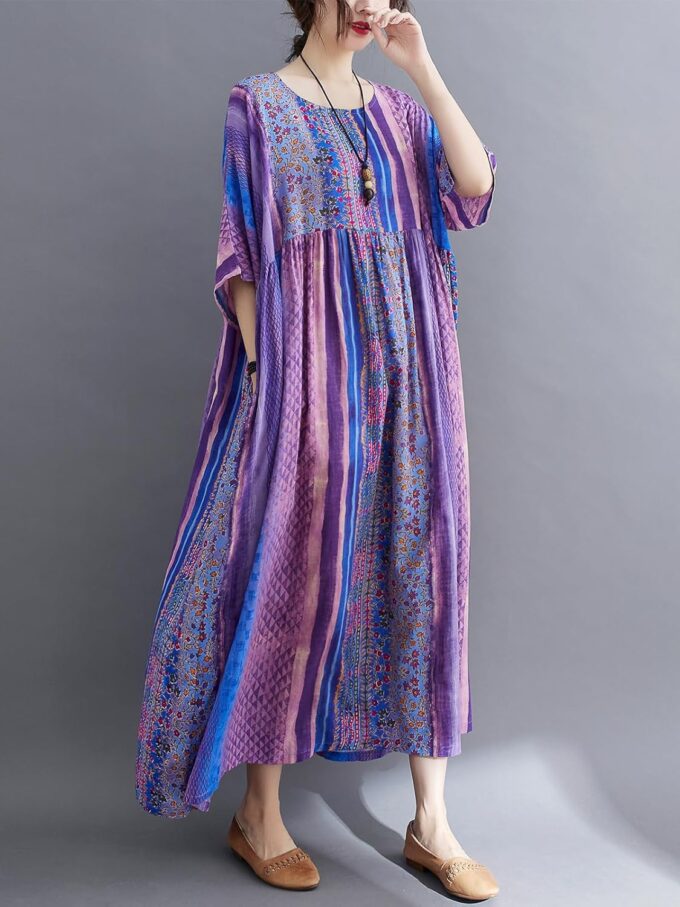 Women Summer Dress with Pockets Plus Size Boho Floral Print Round Neck Loose Casual Purple Flowy Dress – Bild 4