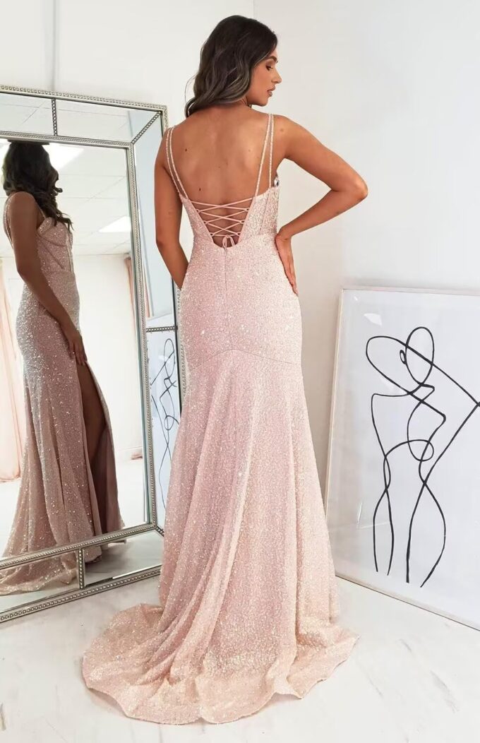 Women's Sequin Mermaid Prom Dresses Long with Slit Spaghetti Straps Formal Party Dresses XOD011 – Bild 2