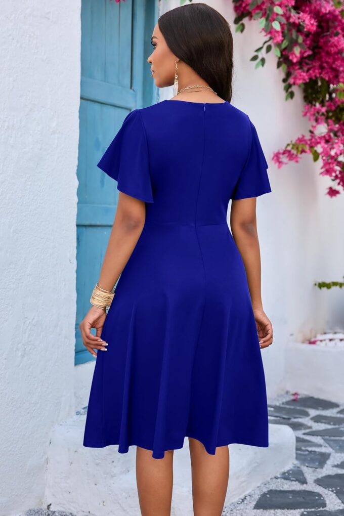FANDEE Women Casual Midi Dress Wedding Guest Dresses for Chuch Cocktail Short Sleeve A-Line V Neck with Belt Blue – Bild 5