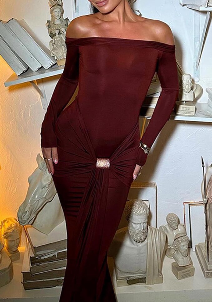 Unybwonn Sexy Off Shoulder Maxi Dress for Women Bodycon Stretchy Long Sleeve Wrap Dresses Party Cocktail Mesh Dresses – Bild 3
