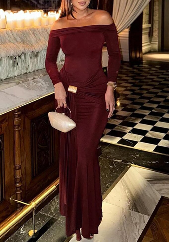 Unybwonn Sexy Off Shoulder Maxi Dress for Women Bodycon Stretchy Long Sleeve Wrap Dresses Party Cocktail Mesh Dresses – Bild 6