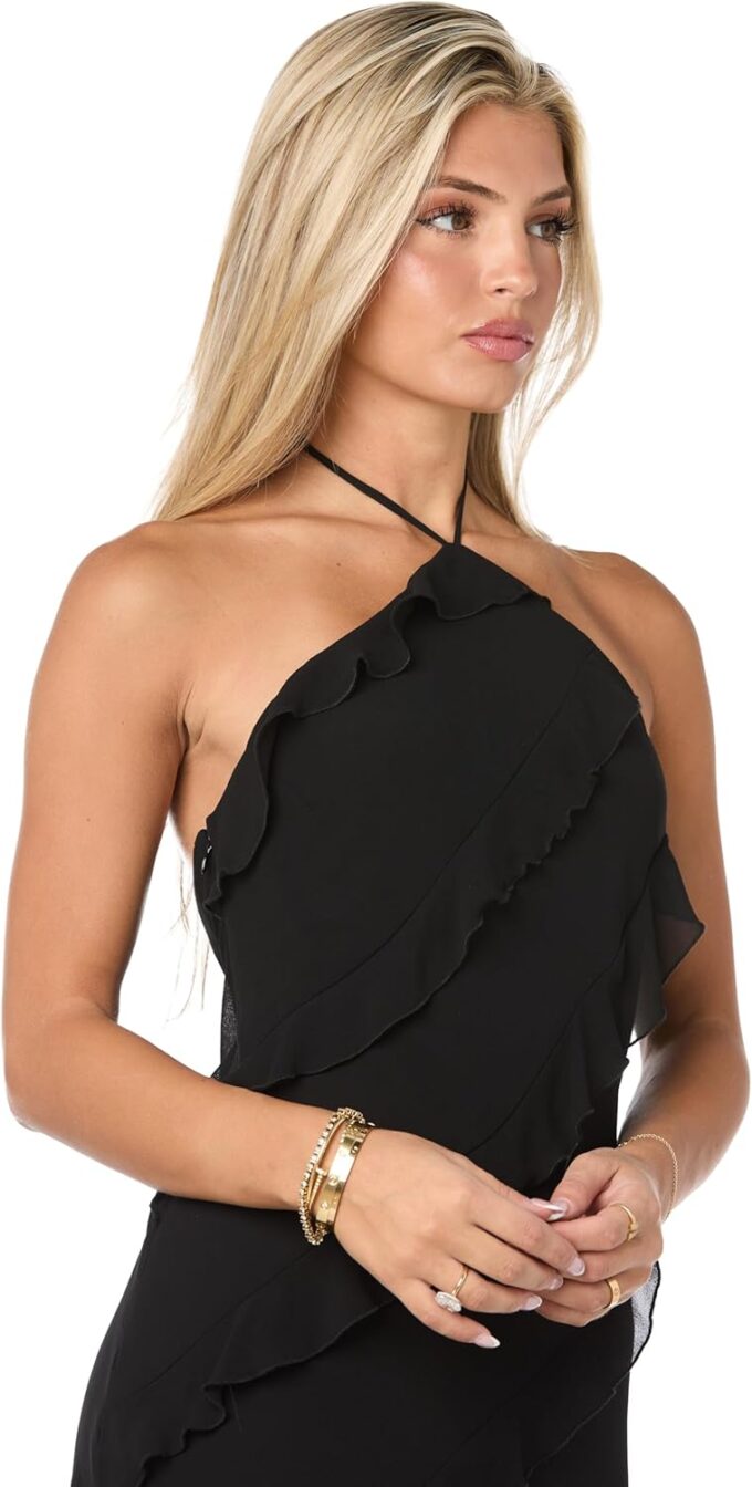Juniors Chiffon Halter Dress W/Asymmetric Ruffle Front – Bild 2