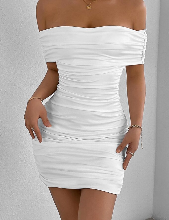 Womens Off Shoulder Sleeveless Bodycon Dresses Ruched Solid Sexy Graduation Cocktail Party Mini Dresses – Bild 6
