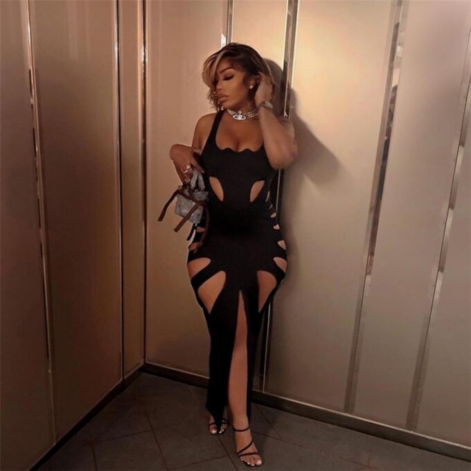 Women's Sexy Sleeveless Hollow Out Maxi Dress Tassel See Through Backless Bodycon Party Club Long Dress – Bild 3