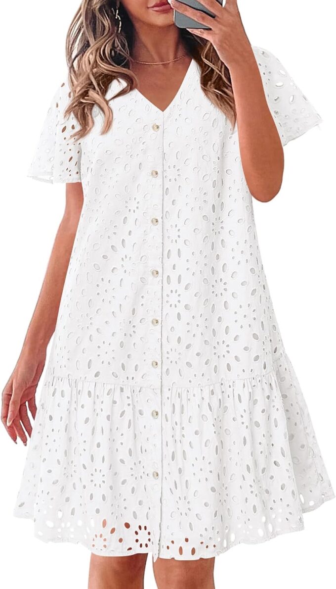 KIRUNDO Summer Dresses for Women 2025 Eyelet Button Down V Neck Short Sleeve Hollow Out A Line Loose Mini Babydoll Dress