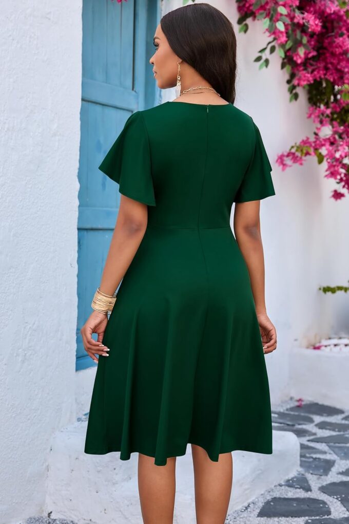 FANDEE Women's Casual Midi Dress Wedding Guest Dresses for Chuch Cocktail Ruffle Short Sleeve A-Line V Neck with Belt – Bild 5