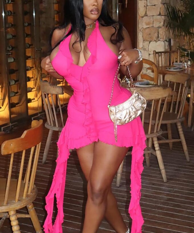 Womens Sexy Ruffle Y2K Mini Dress Halter Deep V Neck Backless Fringe Tassel Ruched Party Club Short Dresses – Bild 3
