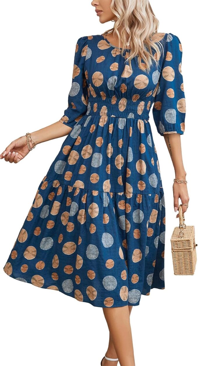 Kormei Women Casual Boho Floral Round Neck 3/4 Sleeve Smocked Waist Tiered A Line Flowy Swing Midi Dress Long Dresses – Bild 3