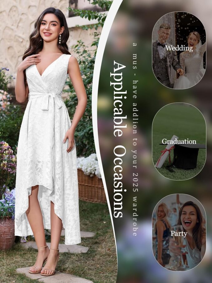 Women's Flowy Wedding Guest Dress A Line Jacquard Sleeveless High Low Midi Length Formal Summer Dress with Belt White M – Bild 4
