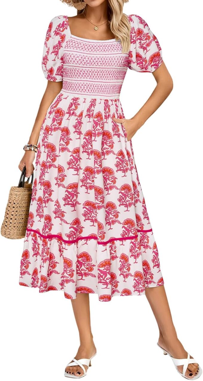 Kate Kasin Women's Summer Floral Boho Dresses Casual Square Neck Smocked Flowy Tiered Beach Midi Dress with Pockets