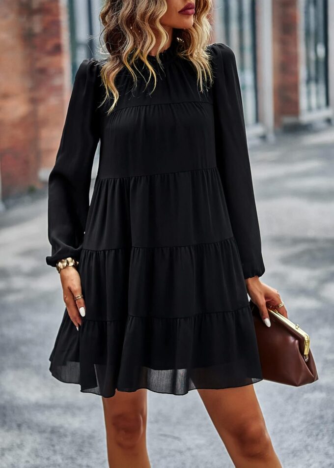 KIRUNDO Long Sleeve Baby Doll Dresses Women 2025 Casual Summer Fall Ruffle Mock Neck Tiered Mini Flowy Swing Shift Dress – Bild 2
