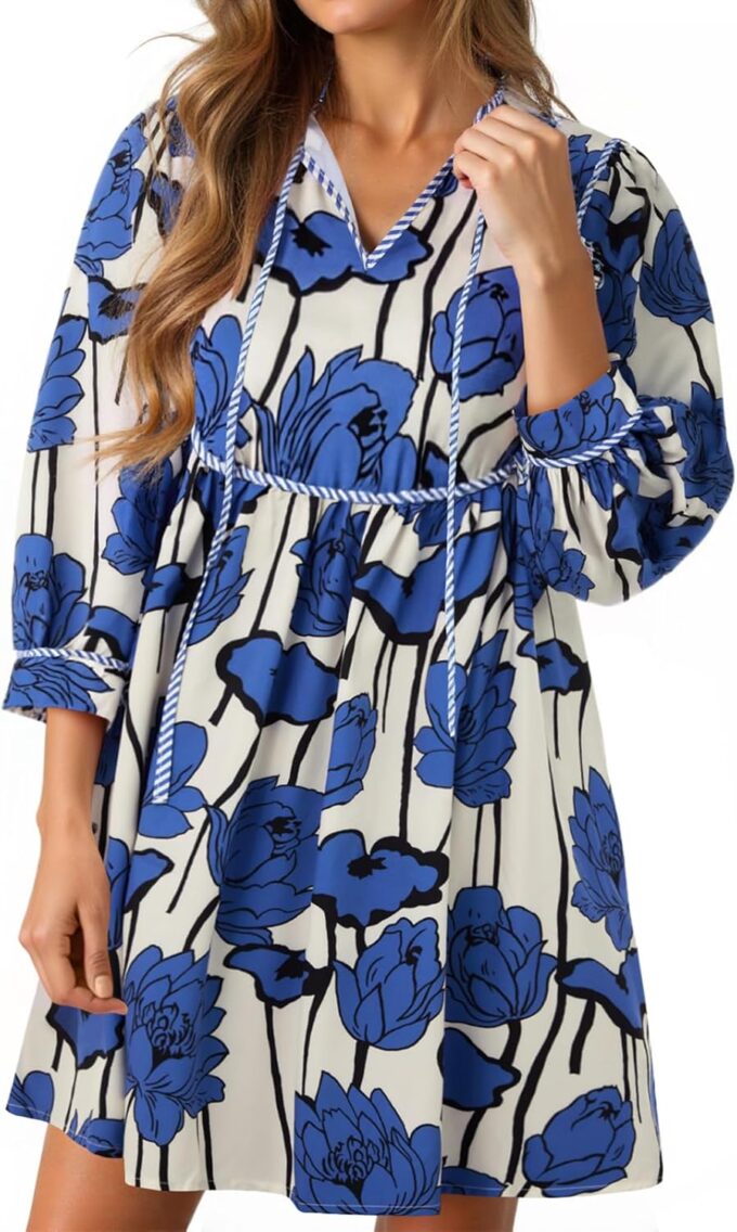 Cicy Bell Womens Floral Mini Dresses 3/4 Sleeve V Neck Flowy Babydoll Dress Summer Beach Vacation Boho Outfits