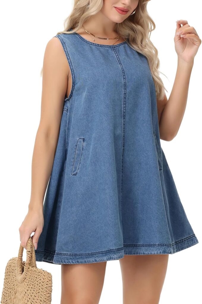 Women's Sleeveless Casual Denim Dress Crewneck Vintage Babydoll Jean Mini Dresses with Pockets – Bild 3