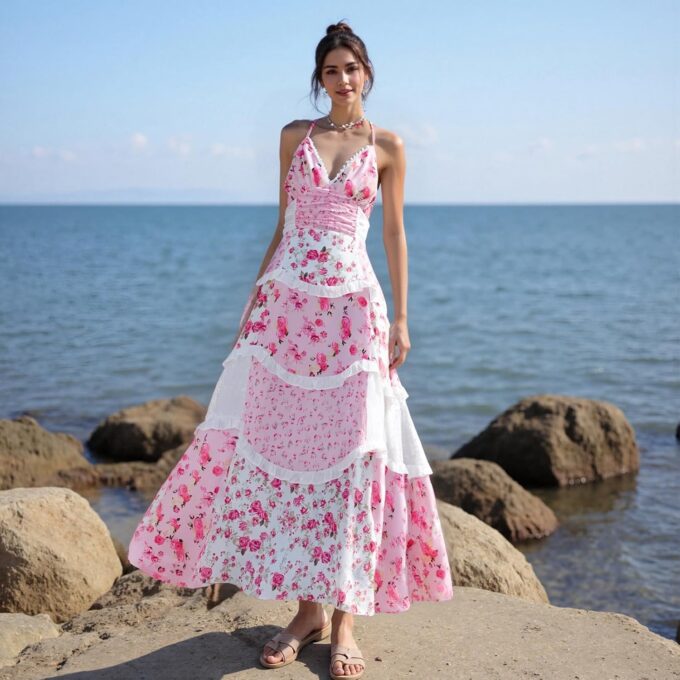 Women Floral Flowy Maxi Dress Lace Patchwork Boho Y2K Long Dress Cute Spaghetti Strap V Neck Low Cut Beach Sundress – Bild 4