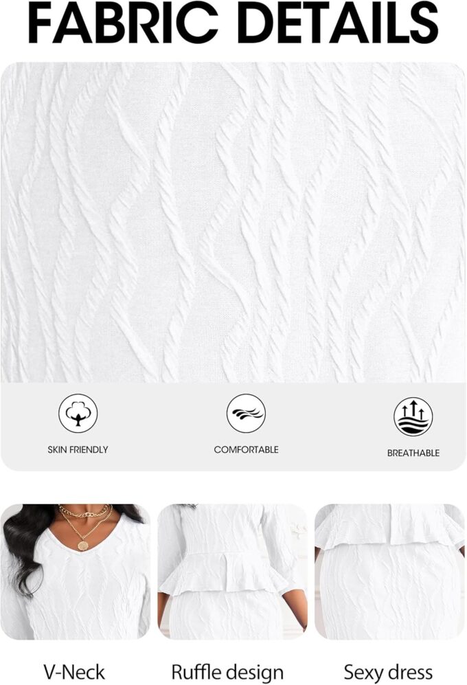 Runwind Schößchen-Kleid für Damen, V-Ausschnitt, 3/4-Ärmel, für die Arbeit, Midi-Kirchenkleider, elegante Bleistiftkleider – Bild 7