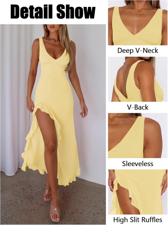 Women's Sexy V Neck Mesh Ruffles Hem High Slit Bodycon Maxi Dress for Women Formal Cocktail Wedding Guest Dresses – Bild 4