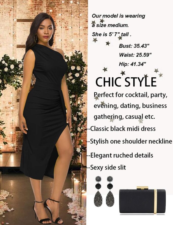 Nature Comfy LilyIn Womens Elegant one Shoulder Sleeveless Ruched High Slit Solid Color Cocktail Party Dresses – Bild 2