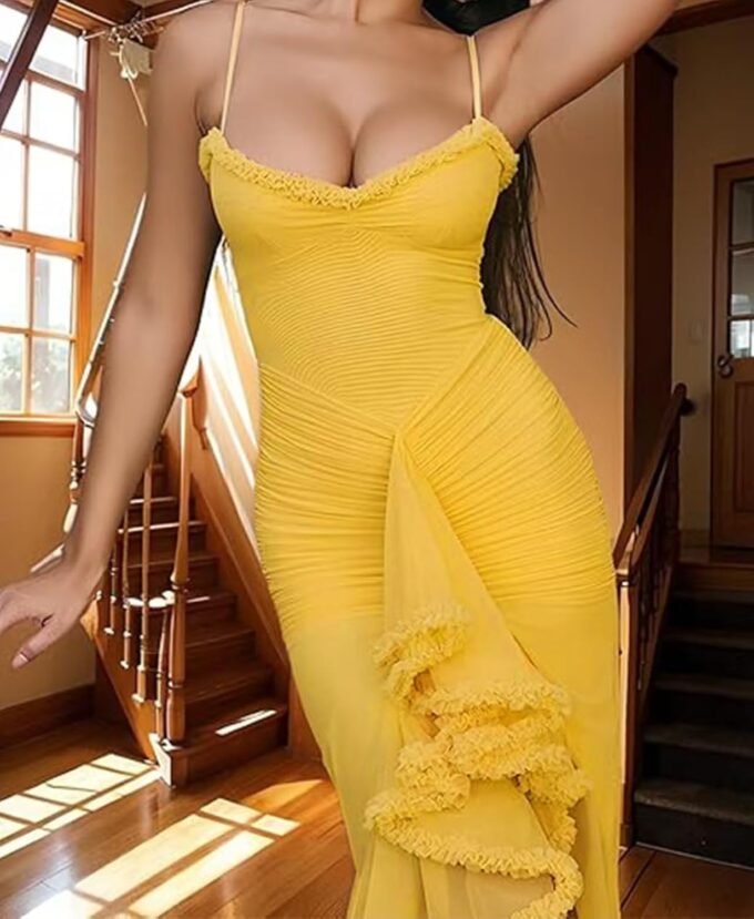 Women's Cocktail Maxi Dress - Sleeveless Spaghetti Strap Ruched Mesh Split Ruffle Hem Long Dresses(Yellow,Small) – Bild 3